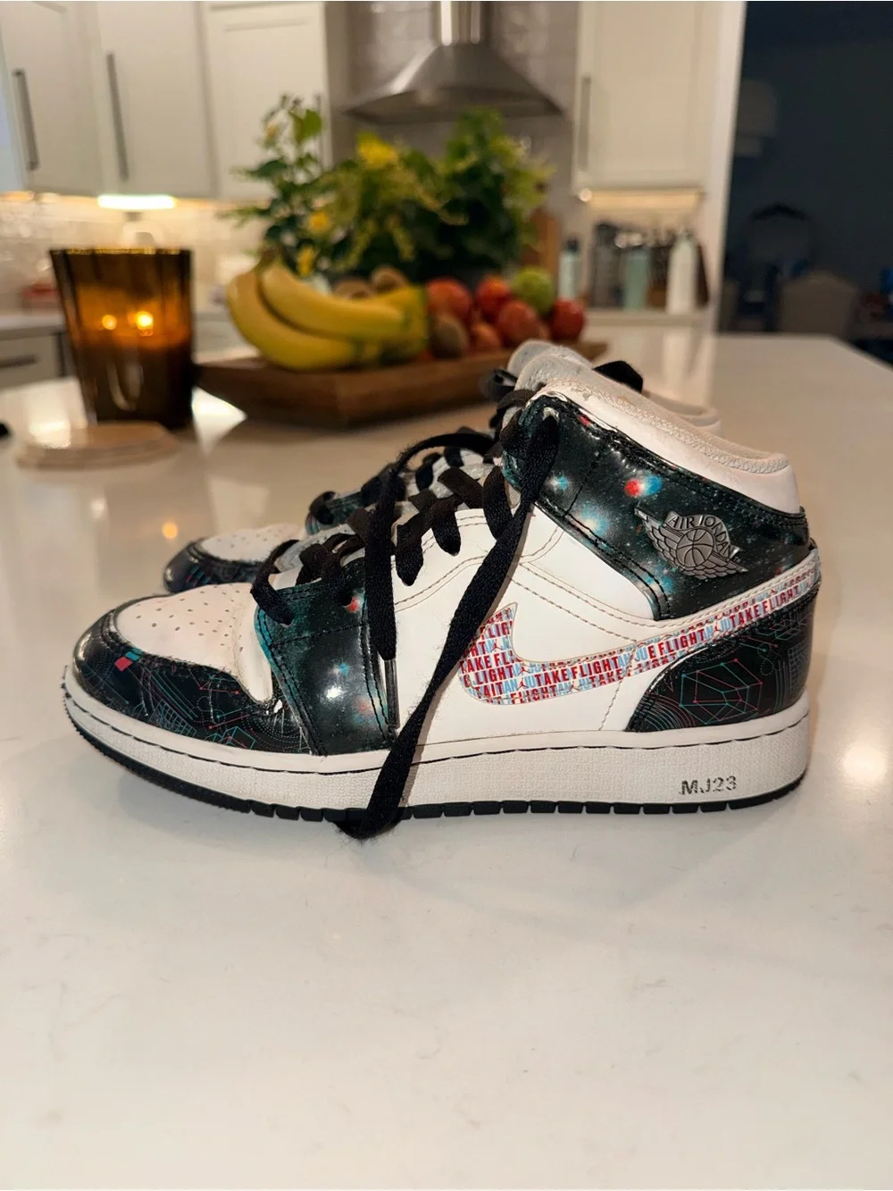 Jordan Kids High-Top Sneakers in White, Teal, Black with Red Accent